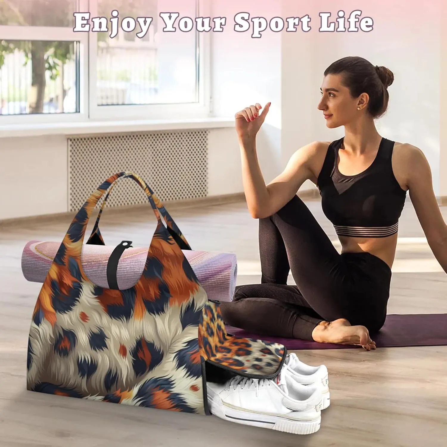 Animal Fur Pattern Gym Bag Yoga Mat Tote for Women with Shoes Compartment Lightweight Duffle Travel Carrier Wet Dry Storage Pockets Adjustable Pilates Mats Shoulder Bags for Sport Swim