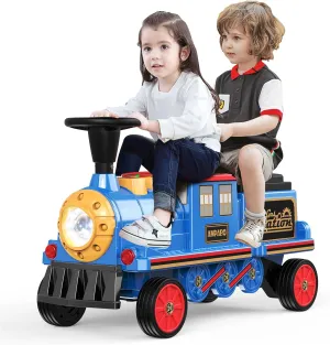 ANPABO 2-Seater Ride On Train Trackless, 12V Kids Car with Height-Adjustable Seat, Extra Storage, Headlight, Train Whistle & Music, Electric Car for Kids 3  (Carriage Not Included), Blue