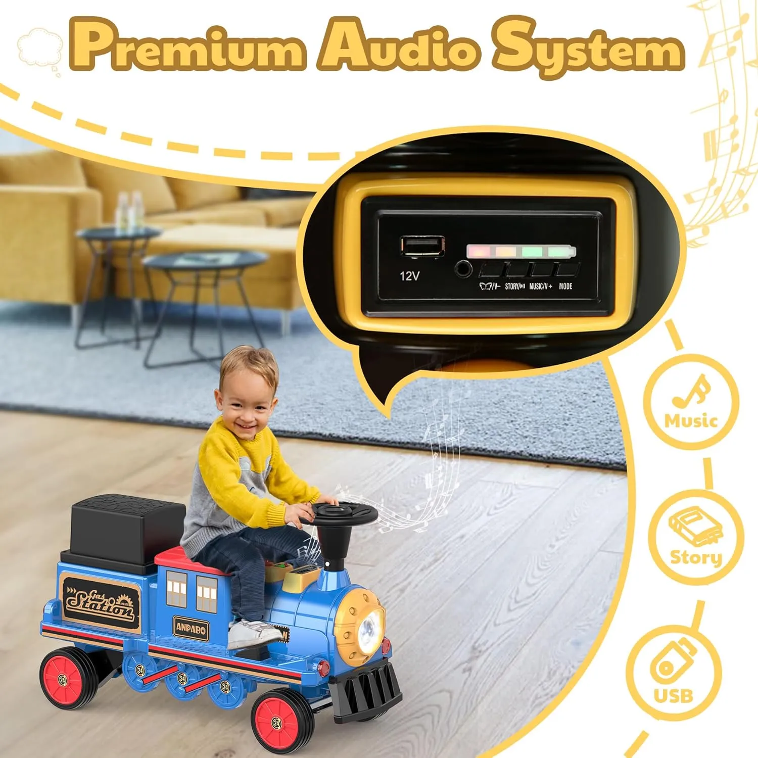 ANPABO 2-Seater Ride On Train Trackless, 12V Kids Car with Height-Adjustable Seat, Extra Storage, Headlight, Train Whistle & Music, Electric Car for Kids 3  (Carriage Not Included), Blue