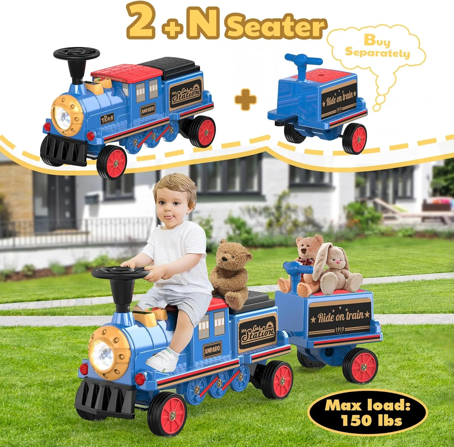 ANPABO 2-Seater Ride On Train Trackless, 12V Kids Car with Height-Adjustable Seat, Extra Storage, Headlight, Train Whistle & Music, Electric Car for Kids 3  (Carriage Not Included), Blue