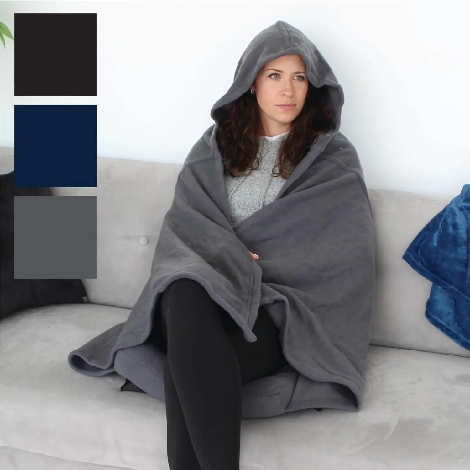 Anywear Fleece Hooded Blanket with Cushion & Storage Bag – Portable Comfort for Camping, Travel, Stadium, Beach, Picnics – Non-Slip Grip, Machine Washable, w/Storage Bag - Charcoal