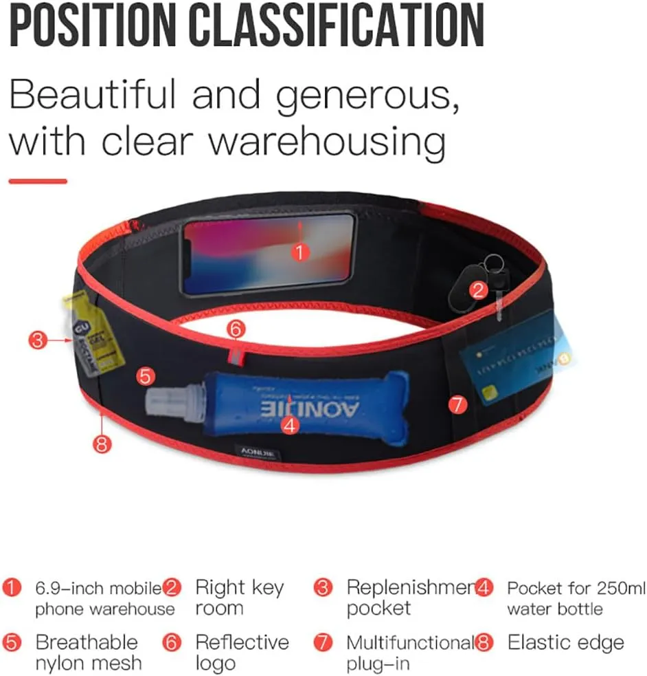 AONIJIE Running hydration belt, waist bag with 250ml soft water bottle, multifunctional suitable for trail running and mountaineering (Black and blue,L/XL)