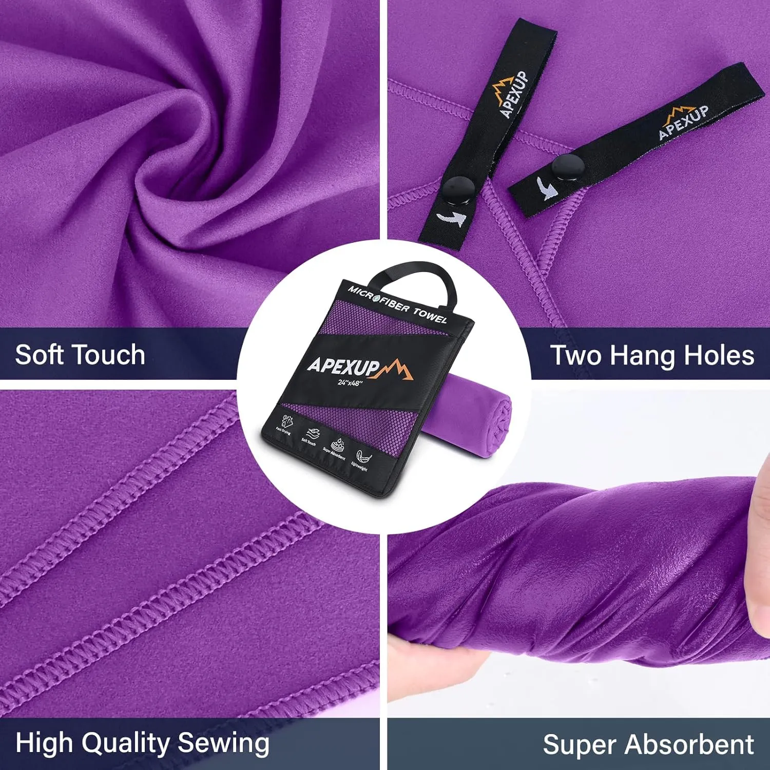 APEXUP Microfiber Travel Towel, Ultra Absorbent Quick Dry Towels, Lightweight Gym Sports Camping Towel for Workout, Yoga, Beach, Shower, Swimming (72"×40", Purple)
