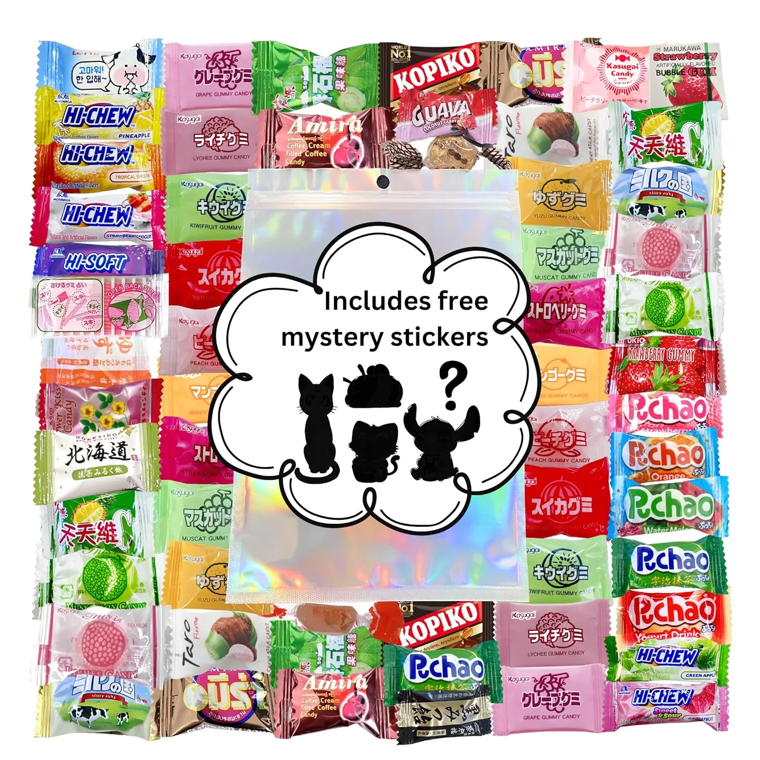 Asian Assorted Candy Bag 50 Counts | Variety Best Tasting Candies from Japan, China, Indonesia, etc.| Giftable Sealed Candy Bag with Free Mystery Stickers