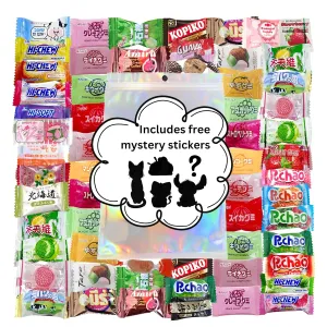 Asian Assorted Candy Bag 50 Counts | Variety Best Tasting Candies from Japan, China, Indonesia, etc.| Giftable Sealed Candy Bag with Free Mystery Stickers