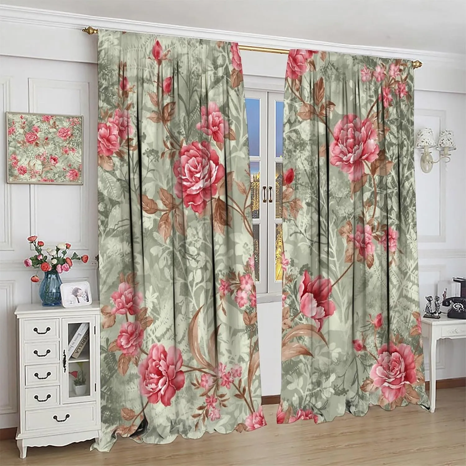 Autumn Dream Rose Blackout Curtains,Light Color Rod Pocket Top Soundproof Floral Curtains for Living Room Farmhouse Dining Room Bedroom 42x63in, Style