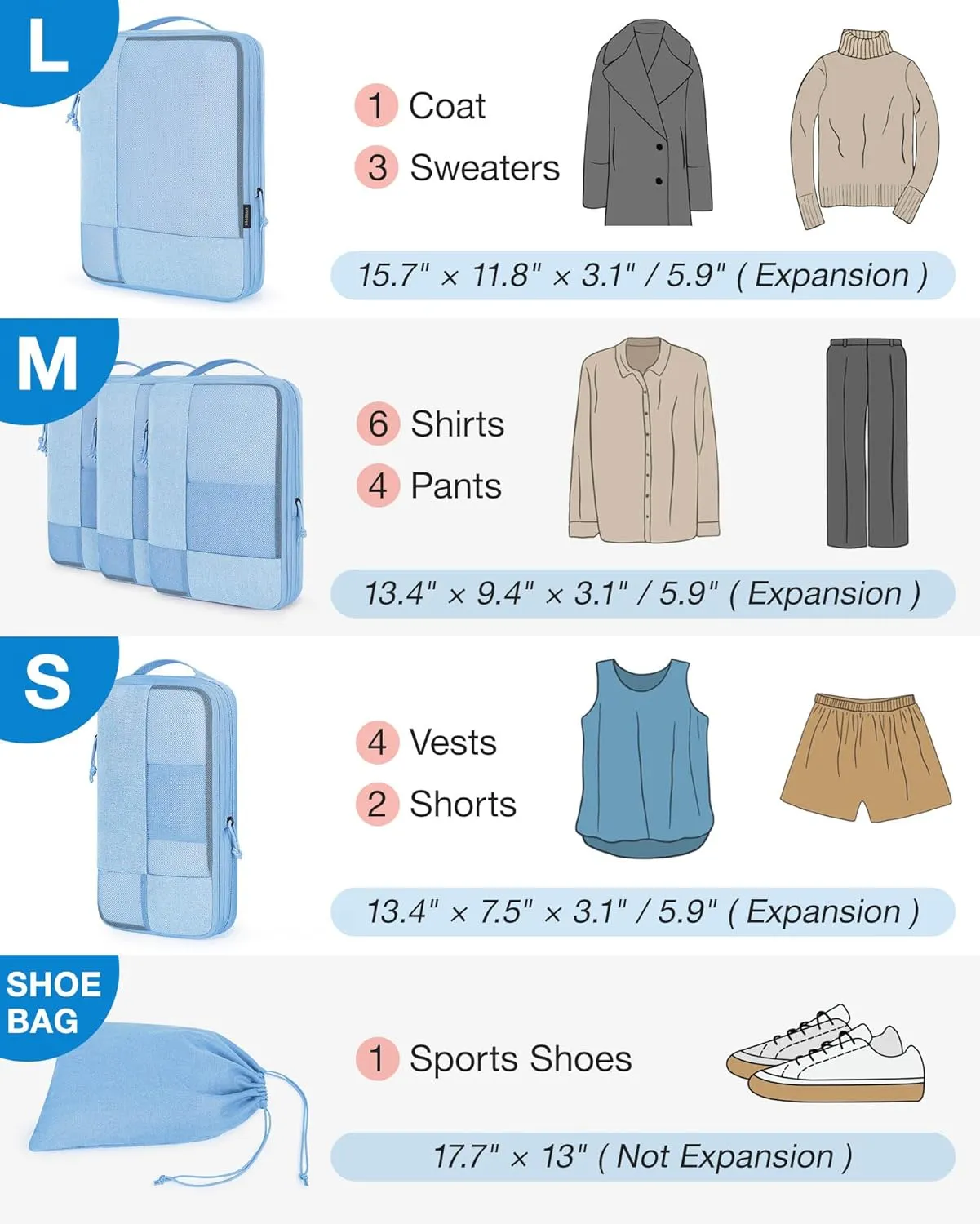 BAGSMART Compression Packing Cubes for Travel, 6 Set Packing Cubes for Carry on Suitcases, Compression Travel Cubes & Suitcase Organizer for Packing with Shoe Bag