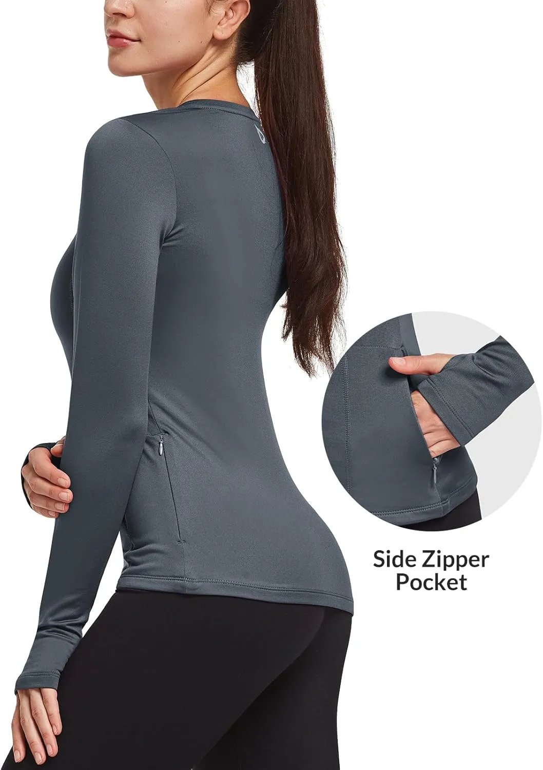 baleaf Thermal Shirts for Women Long Sleeve Fleece Tops Running Workout Cold Weather Gear Compression Zipper Pocket