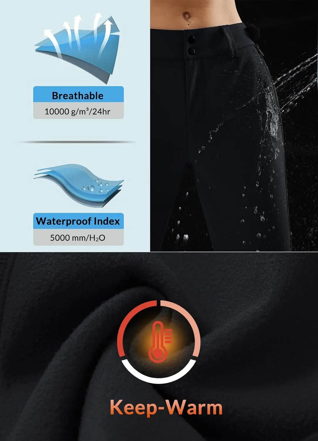 baleaf Women's Fleece Lined Snow Ski Pants Waterproof Windproof Softshell Insulated Slim Thermal Pants Zipper Bottom Leg