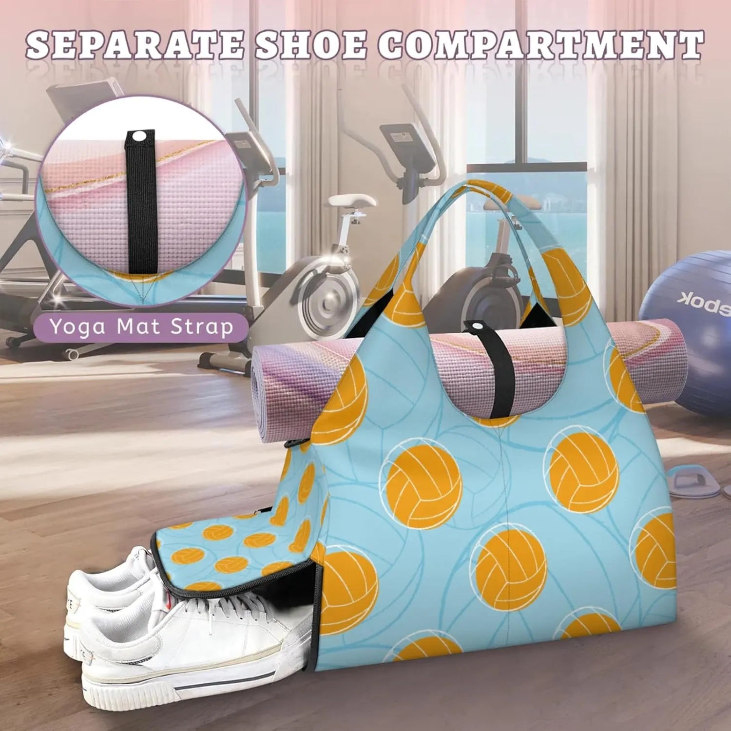 Basket Ball Gym Bag Yoga Mat Tote for Women with Shoes Compartment Lightweight Duffle Travel Carrier Wet Dry Storage Pockets Adjustable Pilates Mats Shoulder Bags for Sport Swim