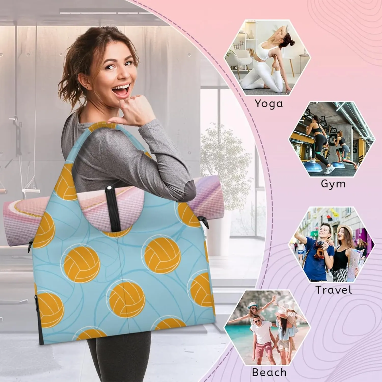 Basket Ball Gym Bag Yoga Mat Tote for Women with Shoes Compartment Lightweight Duffle Travel Carrier Wet Dry Storage Pockets Adjustable Pilates Mats Shoulder Bags for Sport Swim