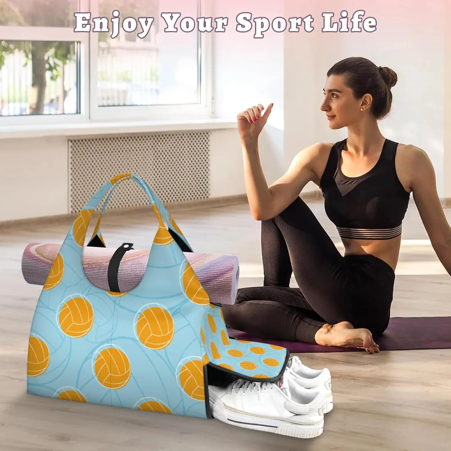 Basket Ball Gym Bag Yoga Mat Tote for Women with Shoes Compartment Lightweight Duffle Travel Carrier Wet Dry Storage Pockets Adjustable Pilates Mats Shoulder Bags for Sport Swim