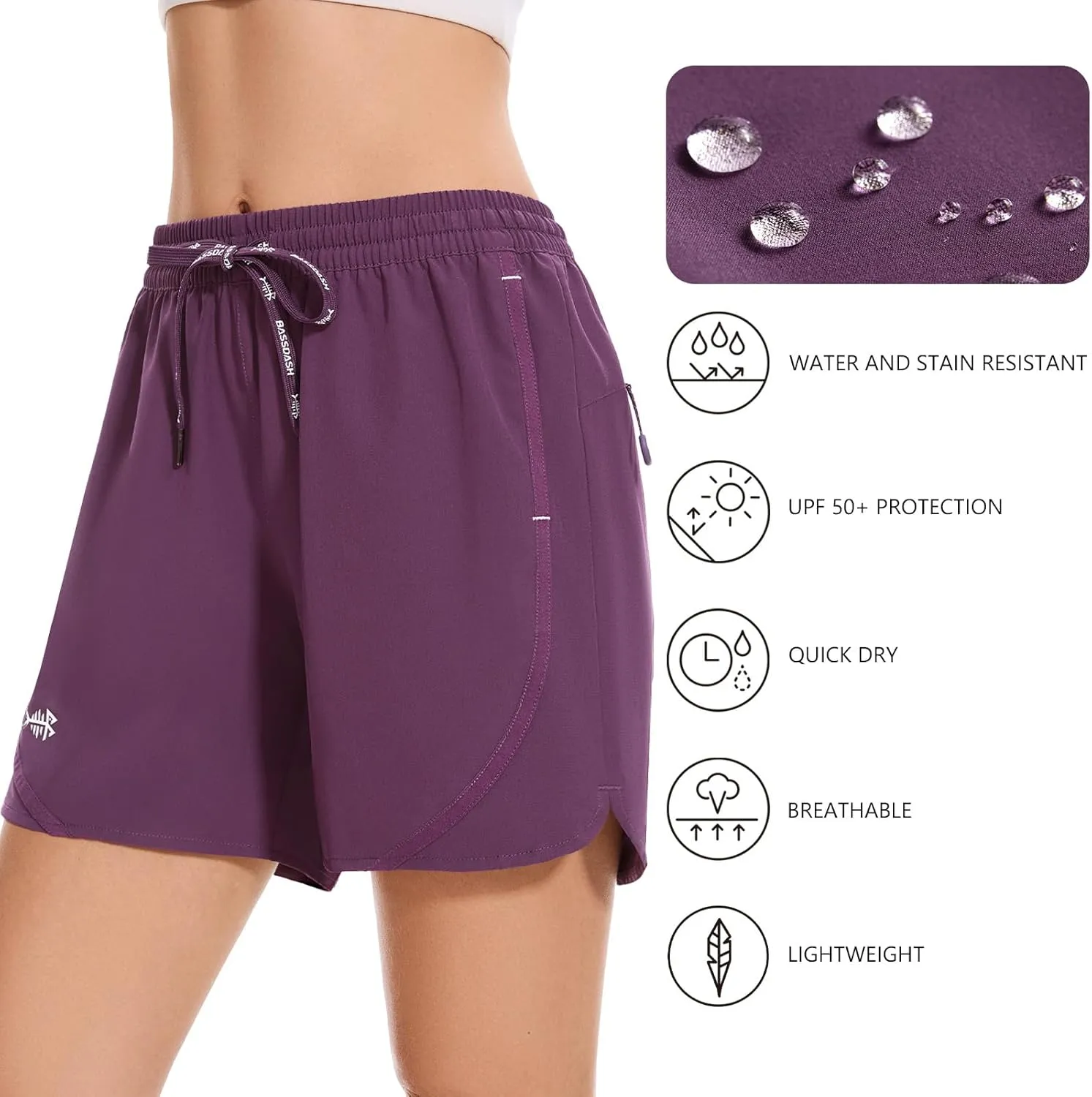 BASSDASH Women’s 5” Fishing Shorts UPF 50  Water Resistant Quick Dry Athletic Hiking Shorts with Pockets FP05W