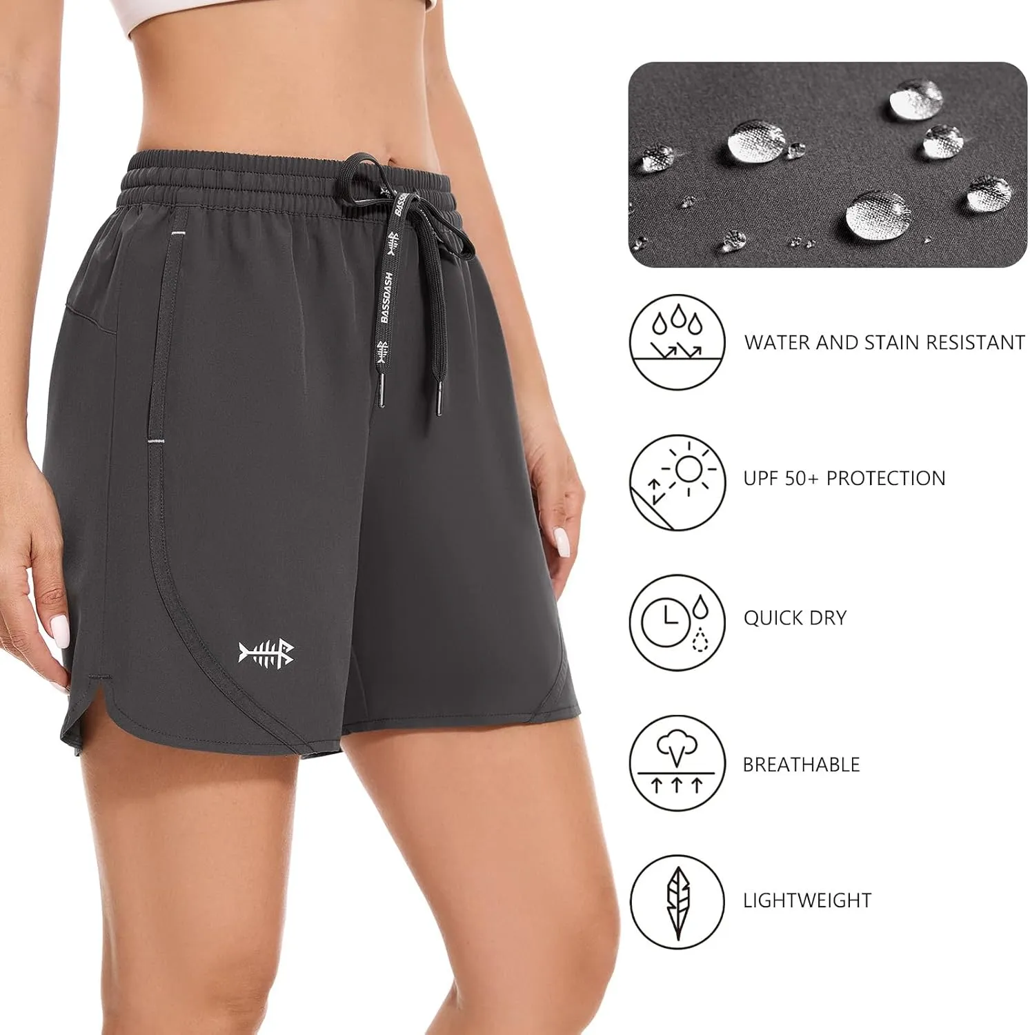 BASSDASH Women’s 5” Fishing Shorts UPF 50  Water Resistant Quick Dry Athletic Hiking Shorts with Pockets FP05W