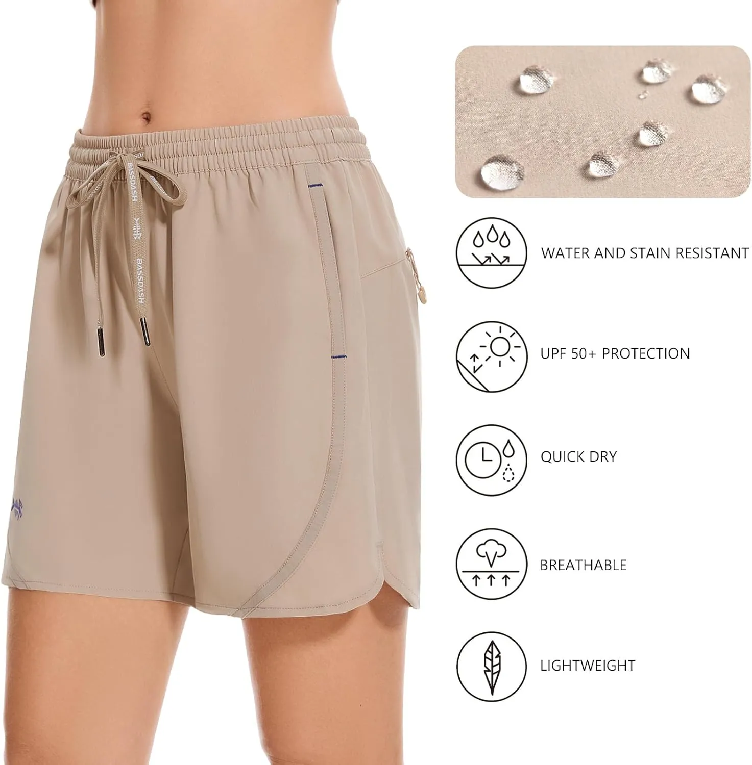 BASSDASH Women’s 5” Fishing Shorts UPF 50  Water Resistant Quick Dry Athletic Hiking Shorts with Pockets FP05W