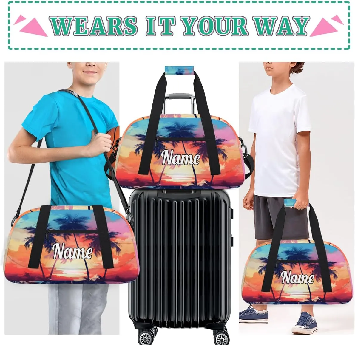 Beach Palm Trees Custom Sports Gym Bag Personalized Dance Bag Teens Travel Weekender Overnight Carry On Bag Boys Girls Waterproof