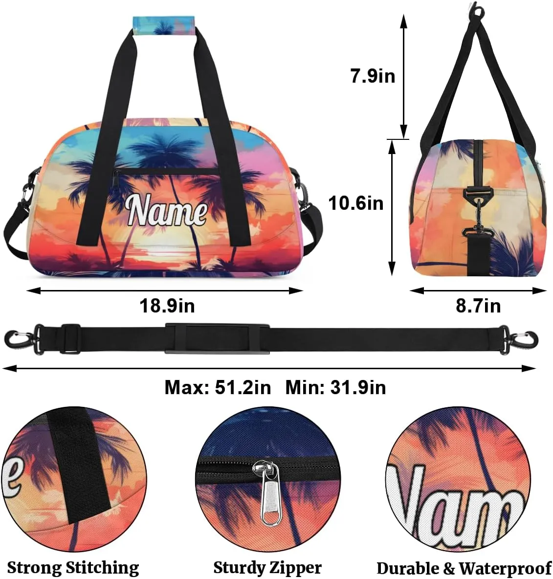 Beach Palm Trees Custom Sports Gym Bag Personalized Dance Bag Teens Travel Weekender Overnight Carry On Bag Boys Girls Waterproof