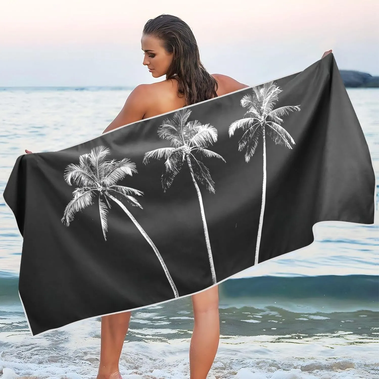 Beach Towel Black White Palm Tree Quick Dry Pool Towels 31" x 71" Sand Proof Absorbent Camping Yoga Towel for Swimming Pool, Picnic, Gym
