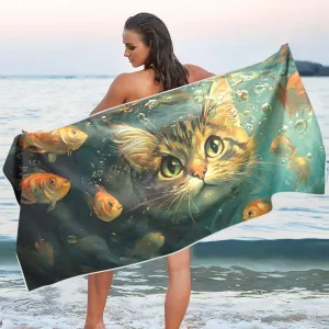 Beach Towel Cat Fish Pool Print Oversized Sand Free Quick Dry Lightweight with Storage Bag for Women Men 31X71 in