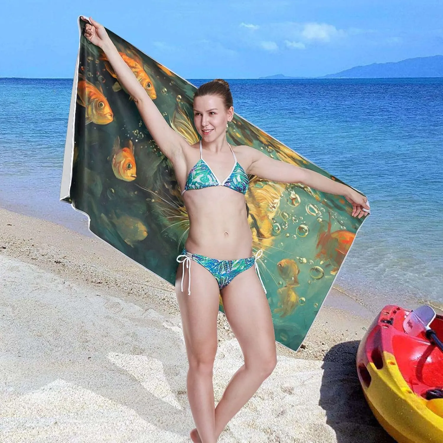Beach Towel Cat Fish Pool Print Oversized Sand Free Quick Dry Lightweight with Storage Bag for Women Men 31X71 in