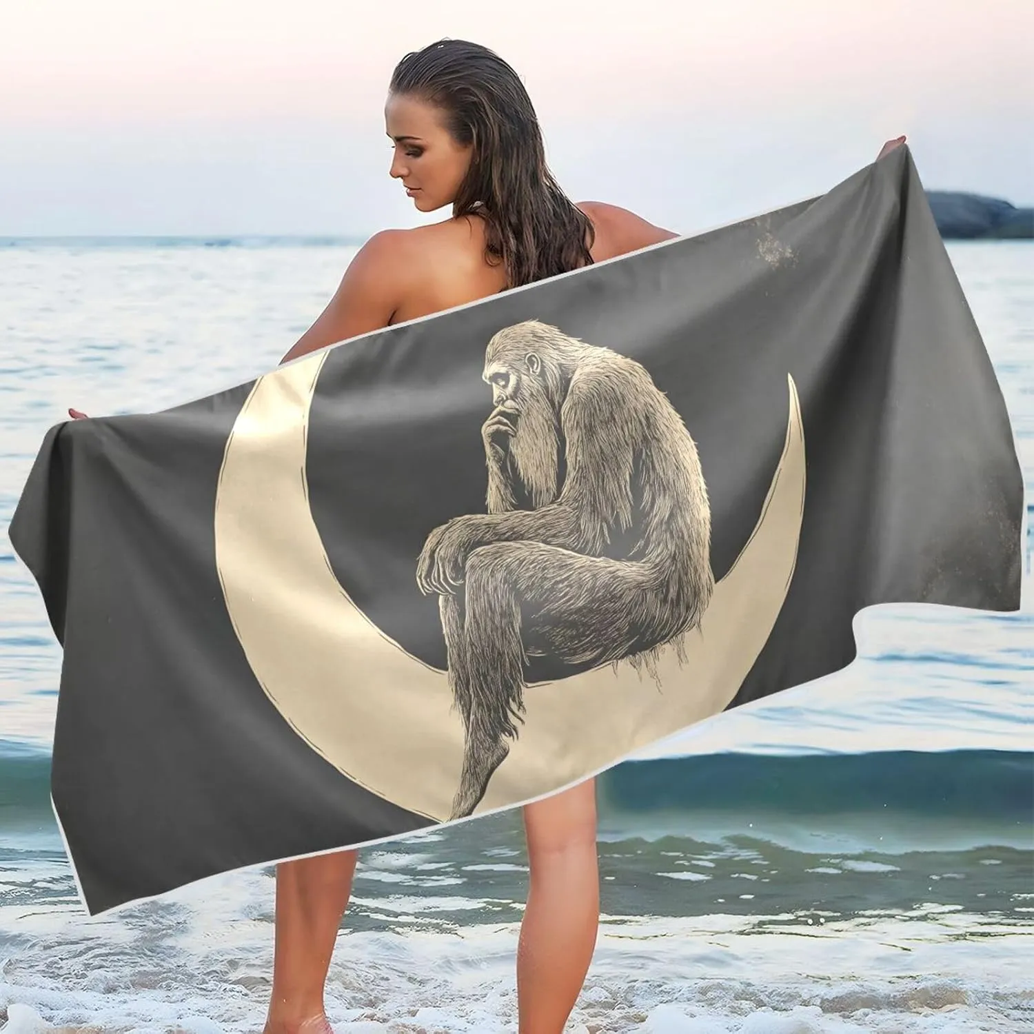 Beach Towel Gorilla Moon Print Oversized Sand Free Quick Dry Lightweight with Storage Bag for Women Men 31X71 Inch