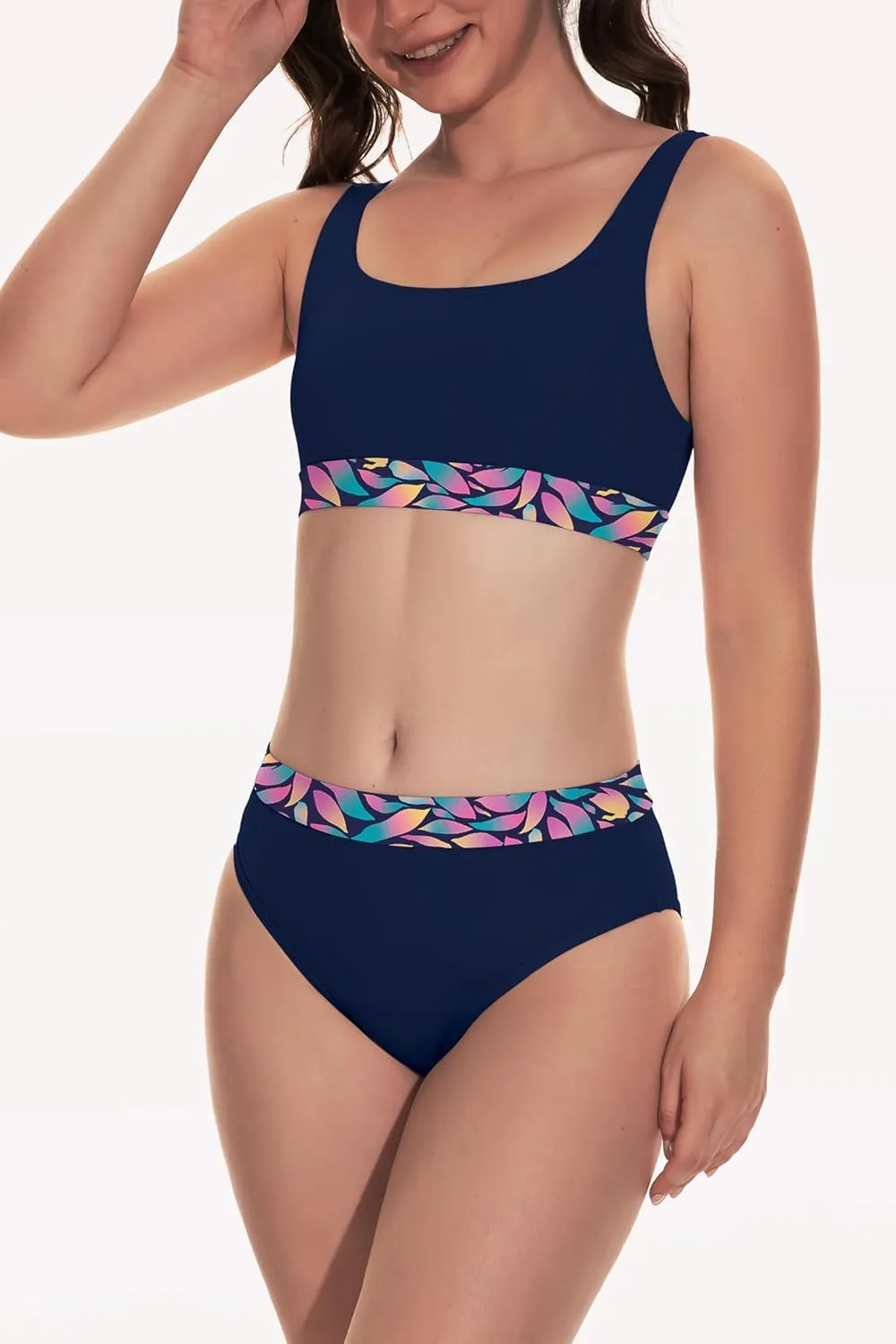 Beautikini Period Swimwear for Teens Two Piece Menstrual Leakproof Swimsuit Bikini Set Mid Waist Print Bathing Suit for Girls