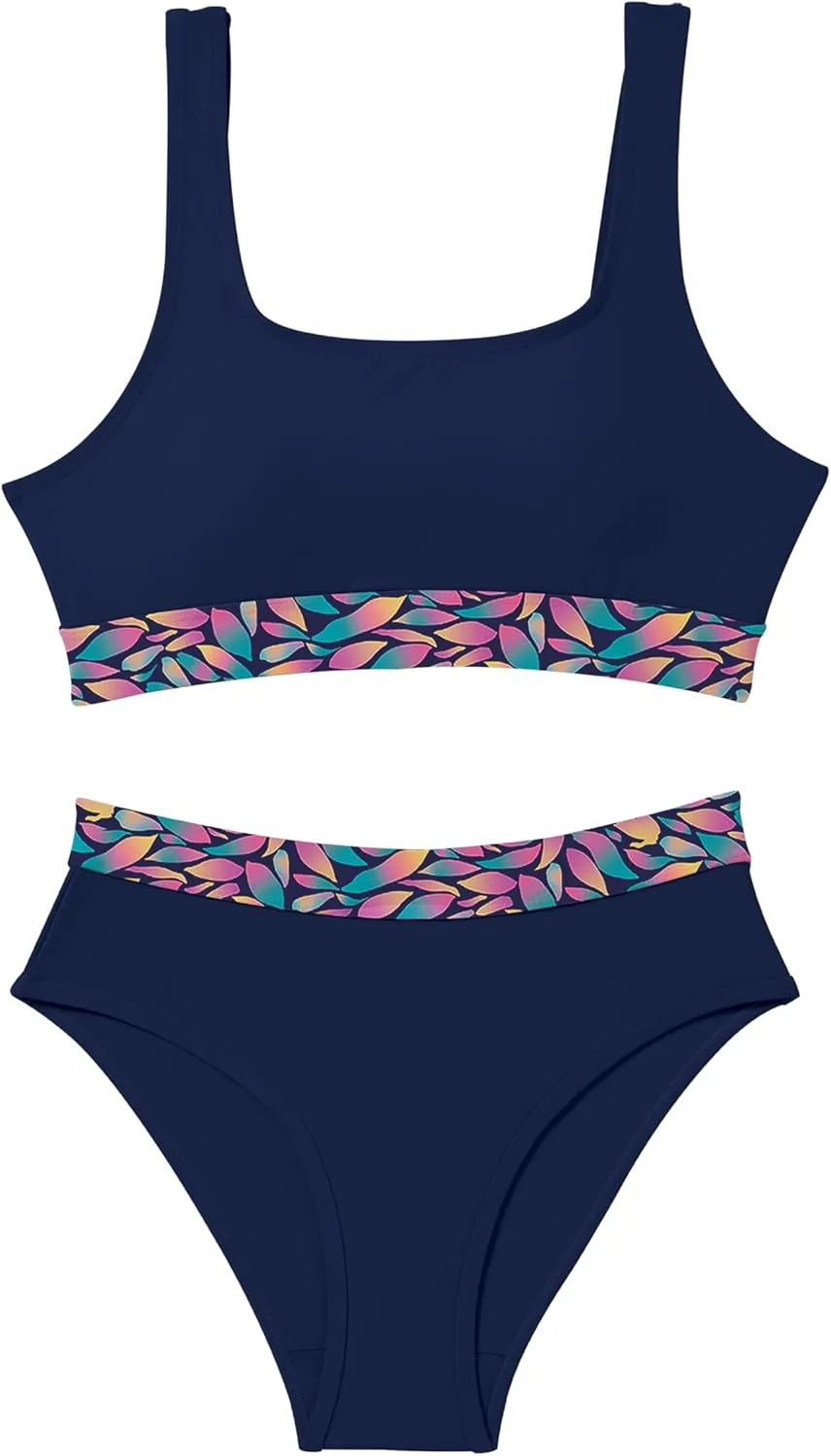 Beautikini Period Swimwear for Teens Two Piece Menstrual Leakproof Swimsuit Bikini Set Mid Waist Print Bathing Suit for Girls