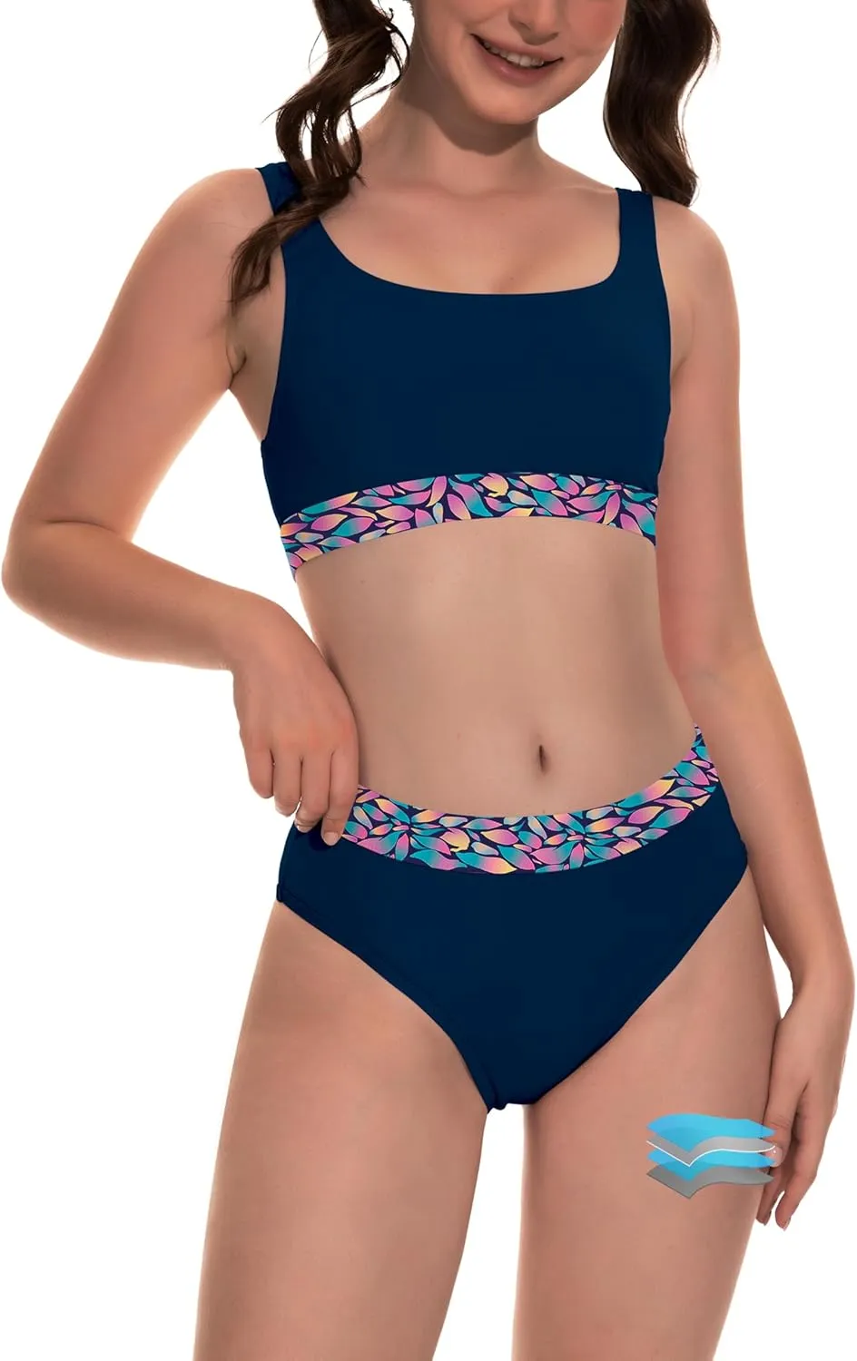 Beautikini Period Swimwear for Teens Two Piece Menstrual Leakproof Swimsuit Bikini Set Mid Waist Print Bathing Suit for Girls