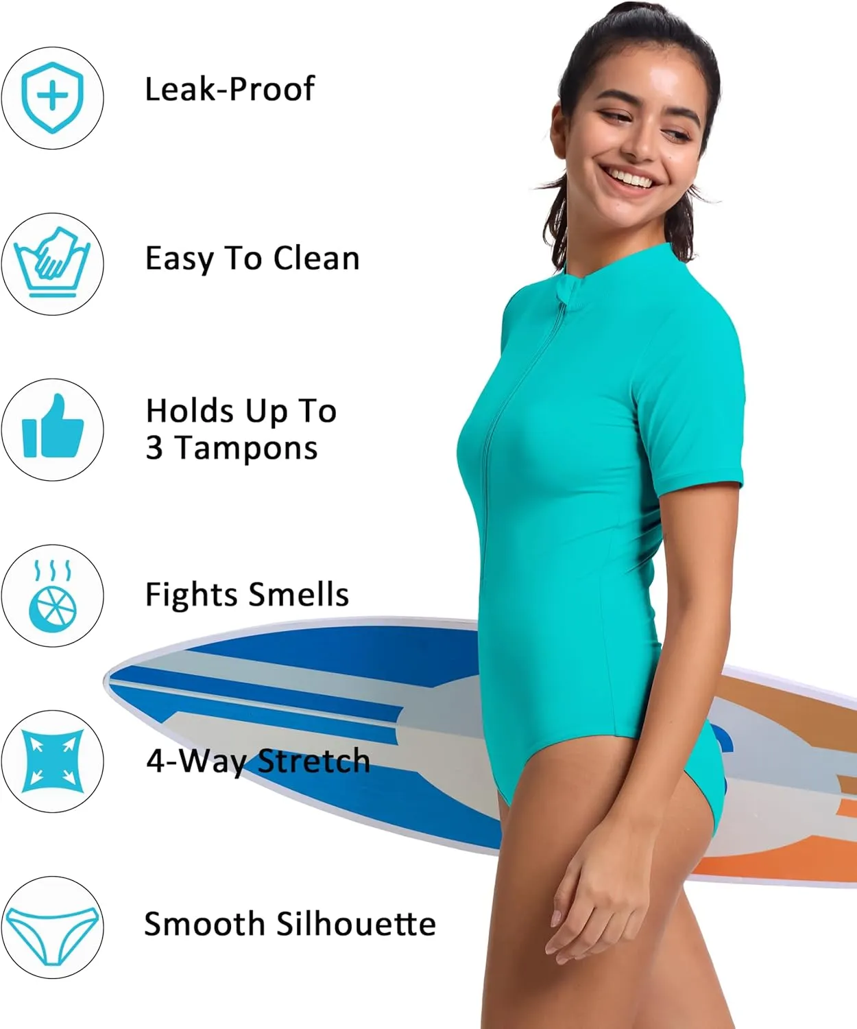 Beautikini Period Swimwear One Piece for Teens Short Sleeve Swimsuits Women UPF50  Menstrual Leakproof Bathing Suit