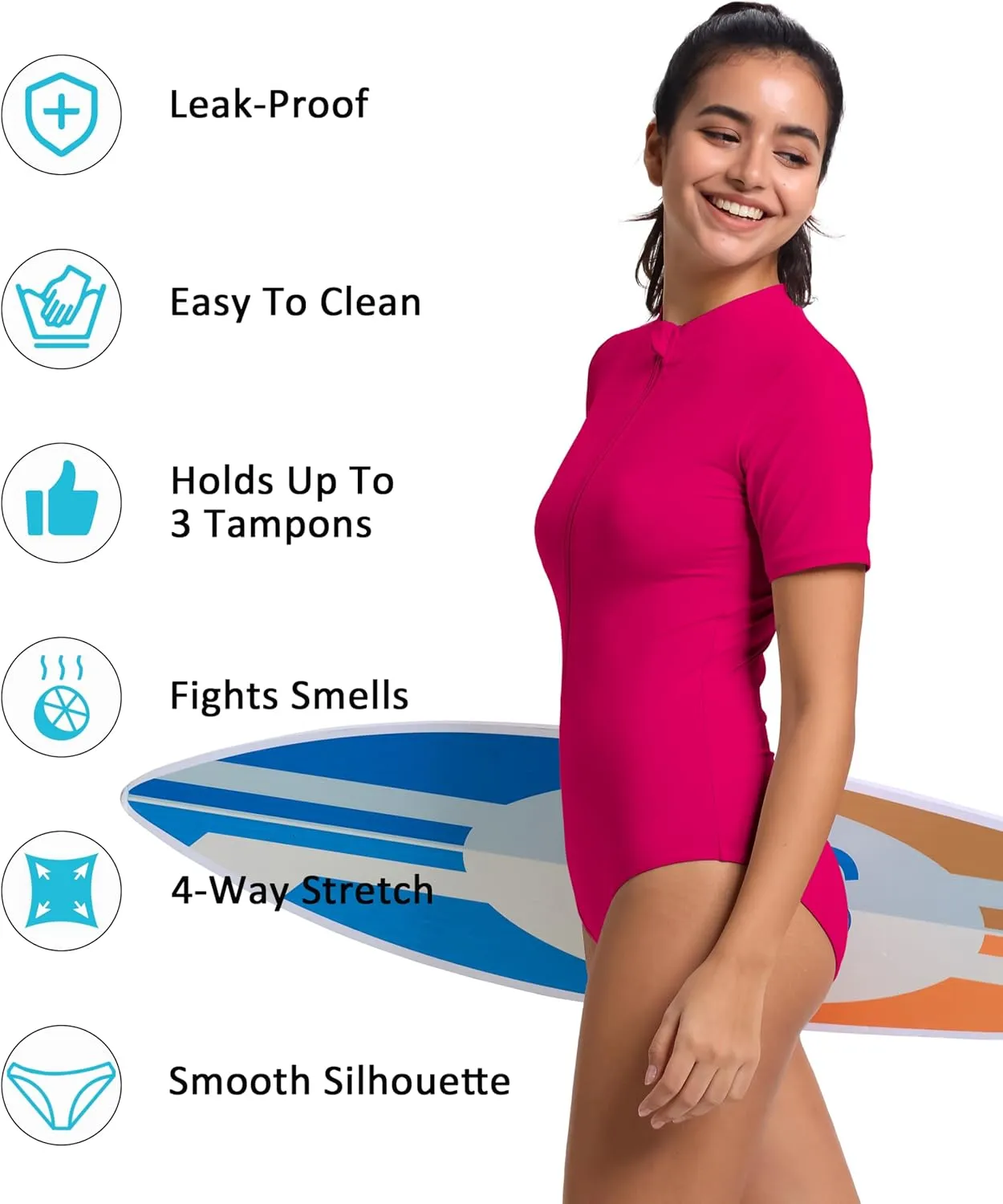 Beautikini Period Swimwear One Piece for Teens Short Sleeve Swimsuits Women UPF50  Menstrual Leakproof Bathing Suit