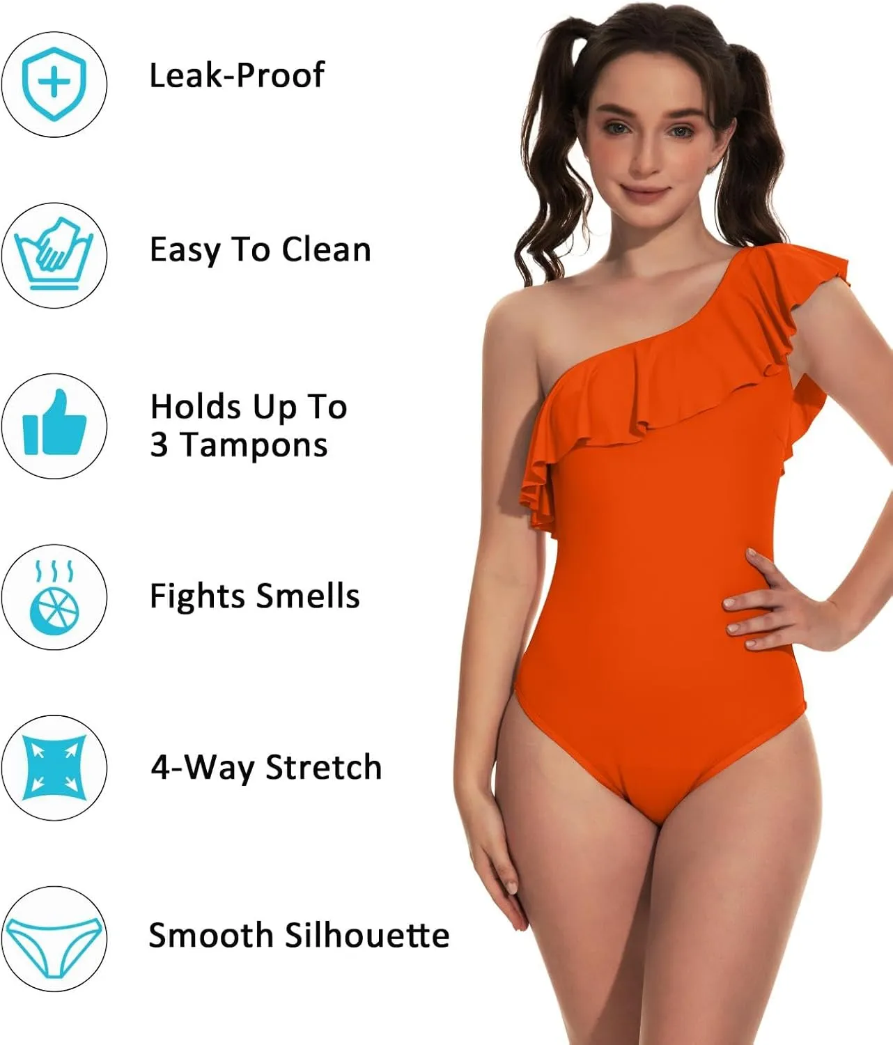 Beautikini Period Swimwear One Piece Menstrual Leakproof Swimsuit One Shoulder Ruffle Bathing Suits for Girls Teens
