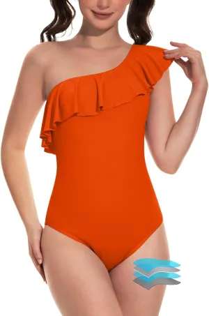 Beautikini Period Swimwear One Piece Menstrual Leakproof Swimsuit One Shoulder Ruffle Bathing Suits for Girls Teens