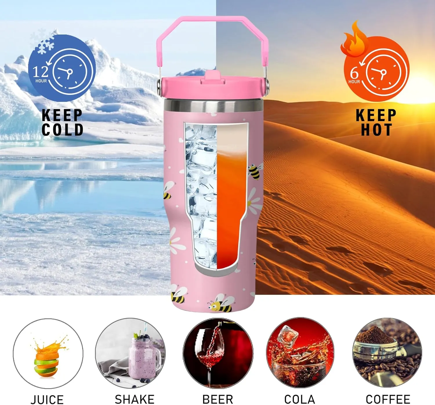 Bee Tumbler with Handle and Flip Straw for Women Men, 30oz Daisy Stainless Steel Insulated Cup, Water Bottle Travel Coffee Mug,Gifts for Animal Lovers