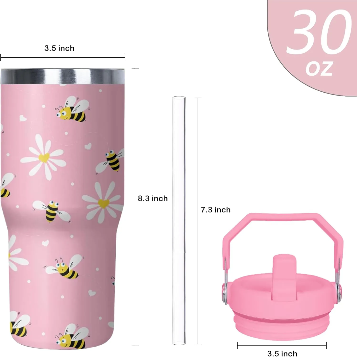 Bee Tumbler with Handle and Flip Straw for Women Men, 30oz Daisy Stainless Steel Insulated Cup, Water Bottle Travel Coffee Mug,Gifts for Animal Lovers