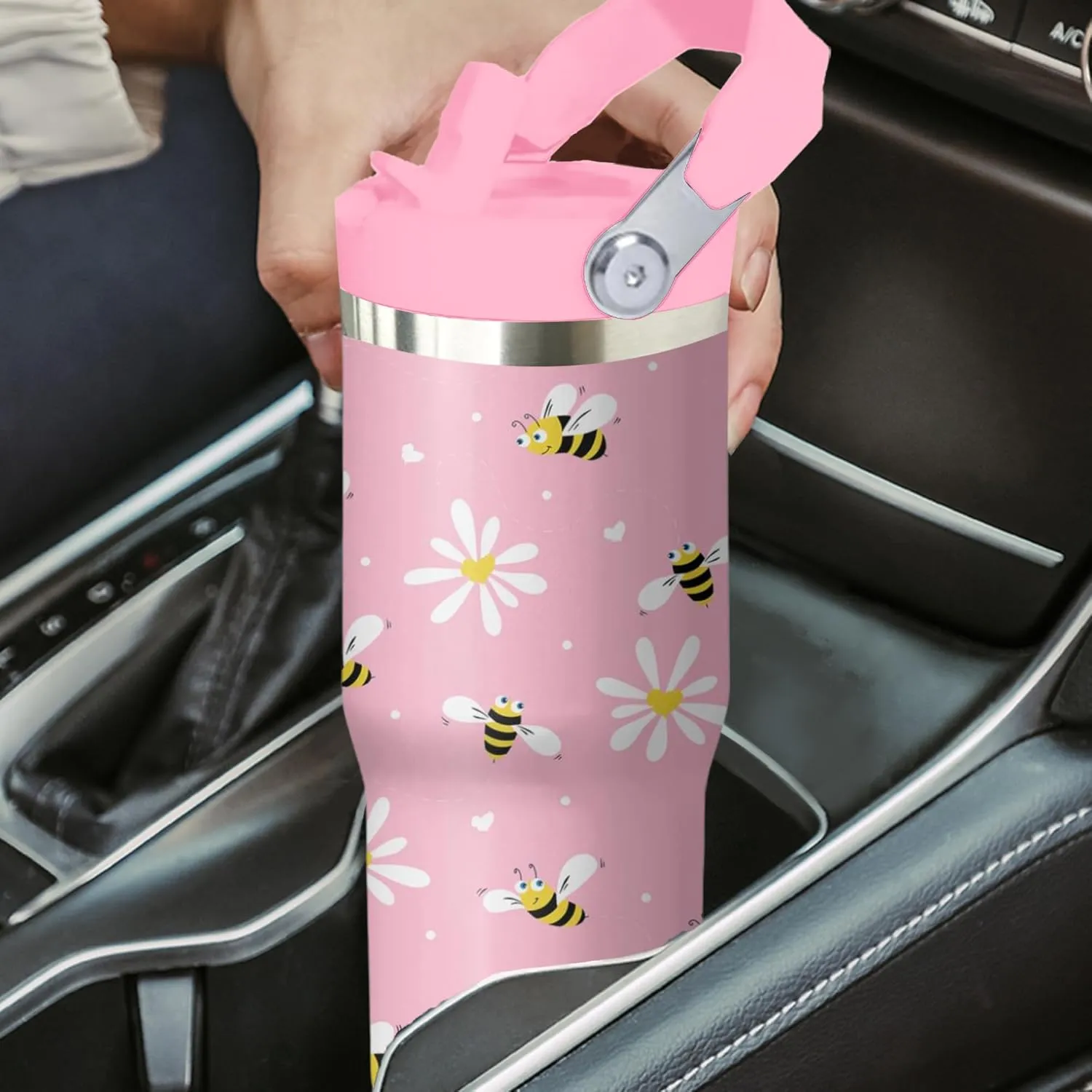 Bee Tumbler with Handle and Flip Straw for Women Men, 30oz Daisy Stainless Steel Insulated Cup, Water Bottle Travel Coffee Mug,Gifts for Animal Lovers