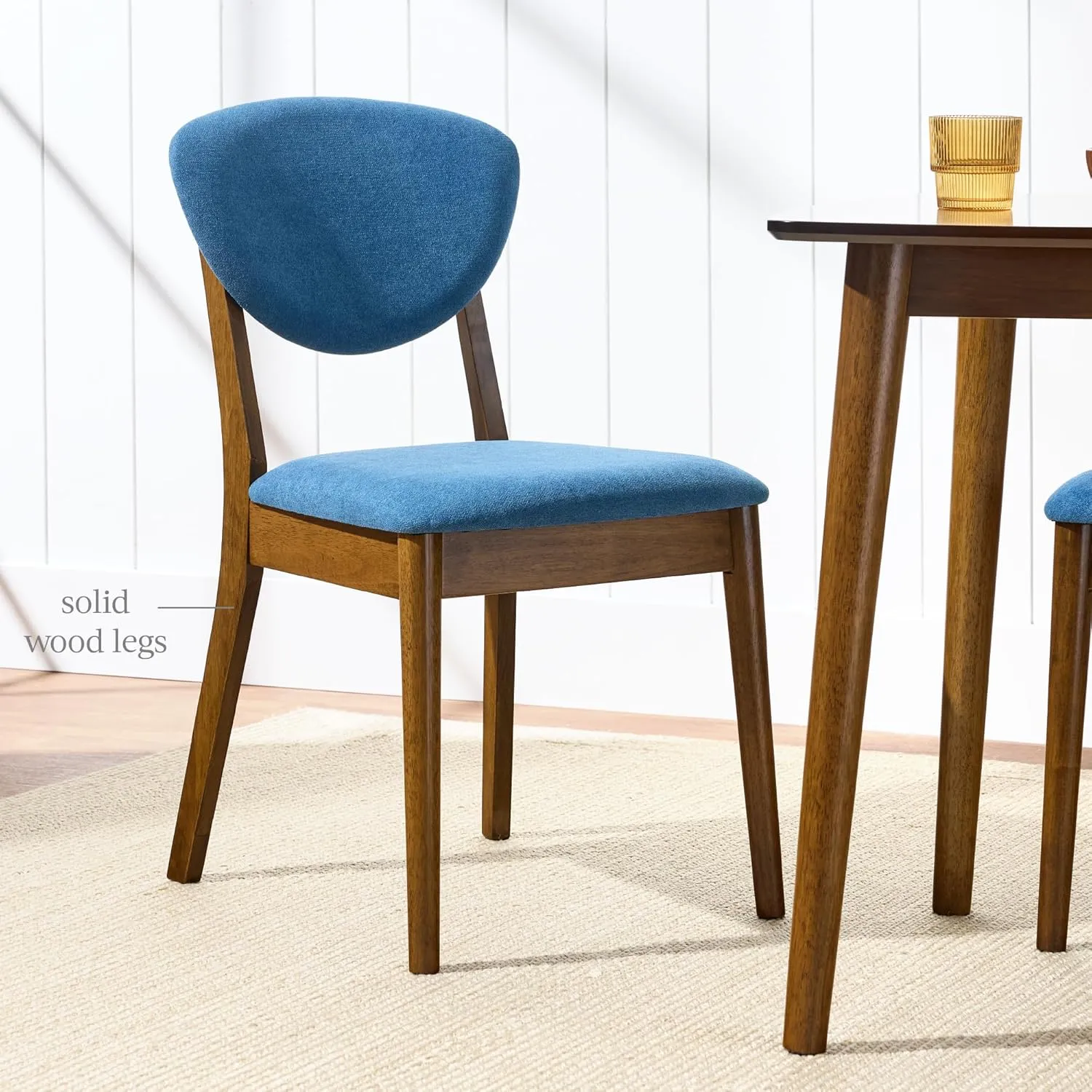 Best Choice Products Dining Chairs Set of 2, Mid-Century Modern Upholstered Wood, Armless w/Seat Cushion, Padded Backrest - Walnut/Ocean Blue