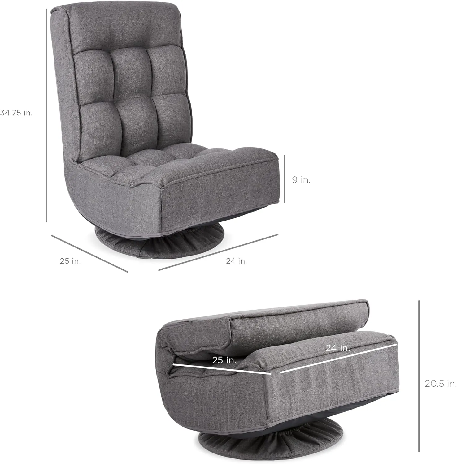 Best Choice Products Reclining Folding Floor Gaming Chair for Home, Office, Lounging, Reading w/ 360-Degree Swivel, 4 Adjustable Positions, Tufted Cushions - Dark Gray