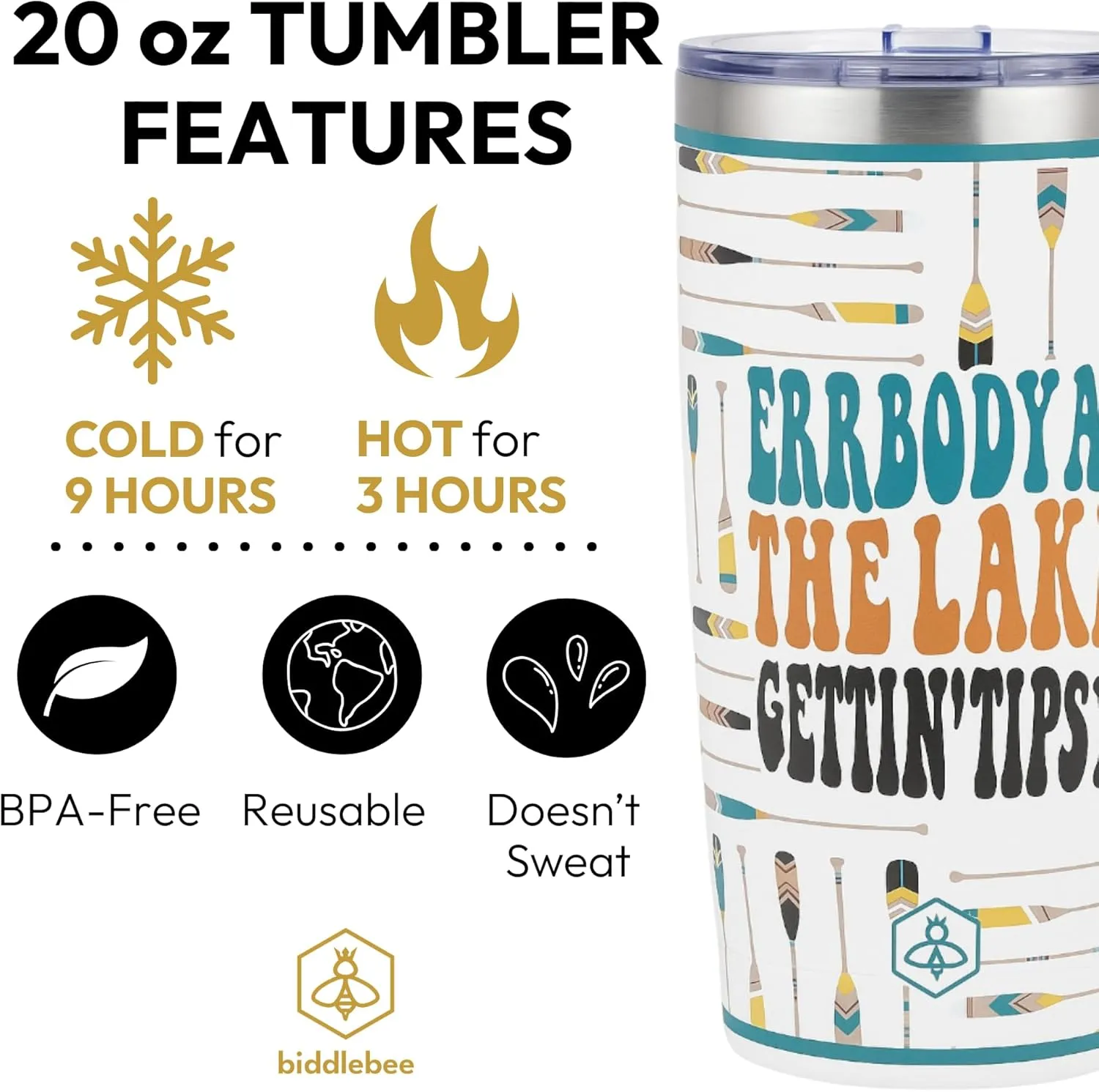 Biddlebee 20oz Insulated Coffee Tumbler – Leakproof, BPA-Free Stainless Steel Cup for Hot & Cold Drinks – Travel Mug, Birthday Gift for Women, Mom, Best Friend (Errbody at the Lake)