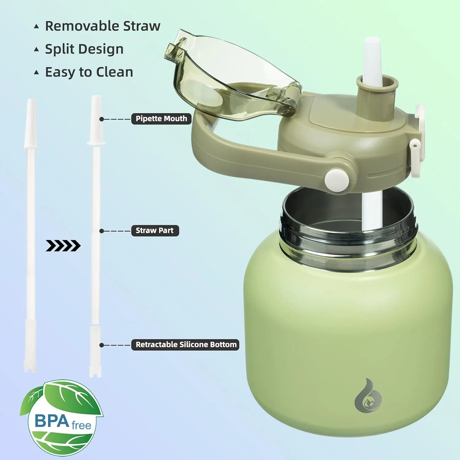 BJPKPK Insulated Water Bottles with Straw, 27 oz Cute Water Bottles with Handle, BPA Free Stainless Steel Metal Thermos, Easy Carry Thermos for Men & Women, Light Green