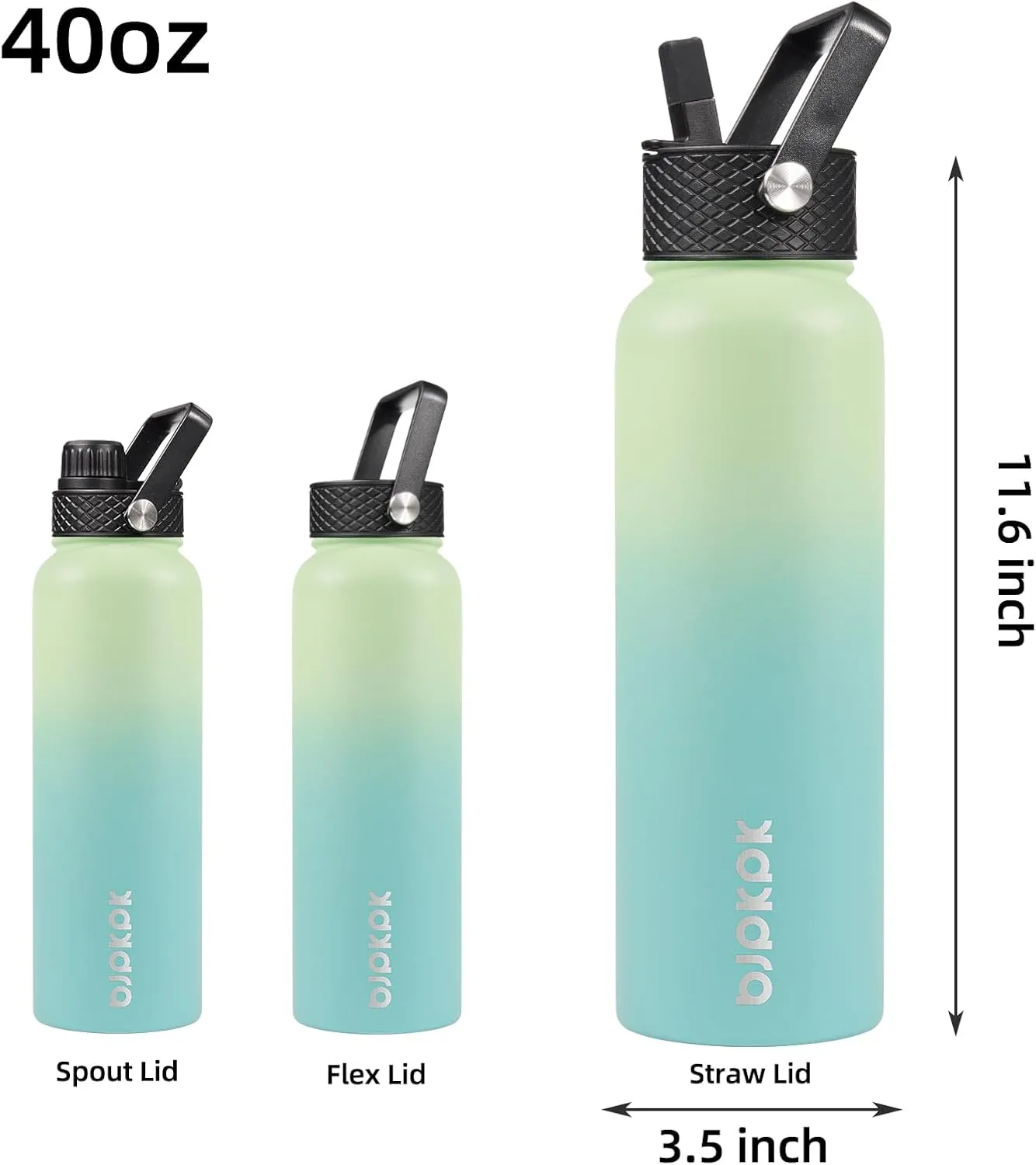 BJPKPK Insulated Water Bottles with Straw Lid, 40oz Stainless Steel Water Bottles with 3 Lids, BPA Free Leakproof Thermos, Tumblers, Cups for Sports, Gym- Mint