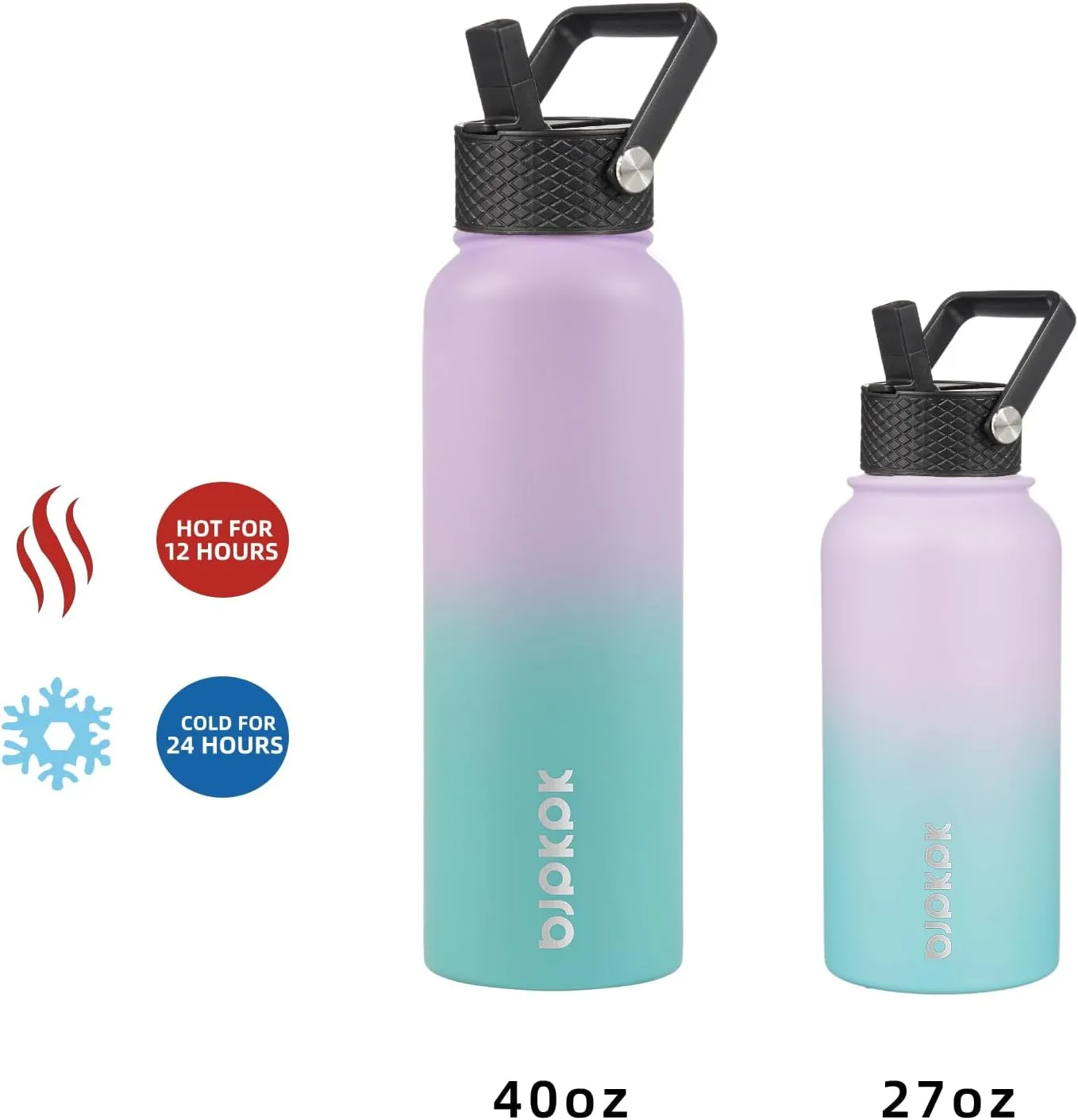 BJPKPK Insulated Water Bottles with Straw Lid, 40oz Stainless Steel Water Bottles with 3 Lids, BPA Free Leakproof Thermos, Tumblers, Cups for Sports, Gym- Mint