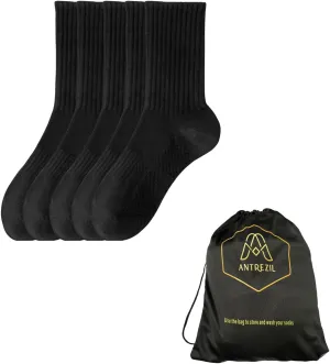 Black Crew Compression Socks - Pack of 5 with Bag | Cushioned Arch Support, Sweat-Absorbent Athletic Running & Hiking Sports Gifts