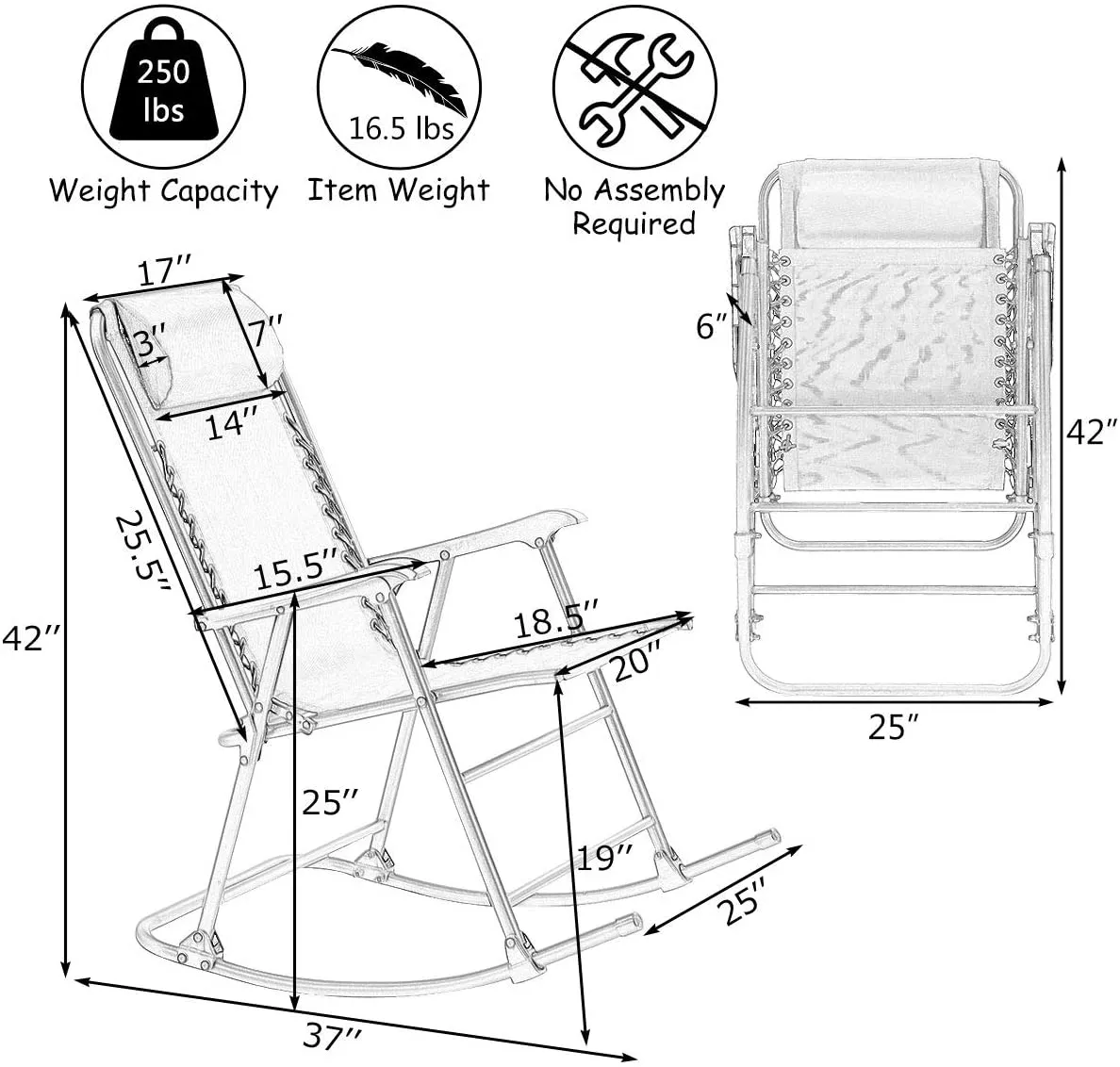 Black Metal Outdoor Rocking Chair with Headrest