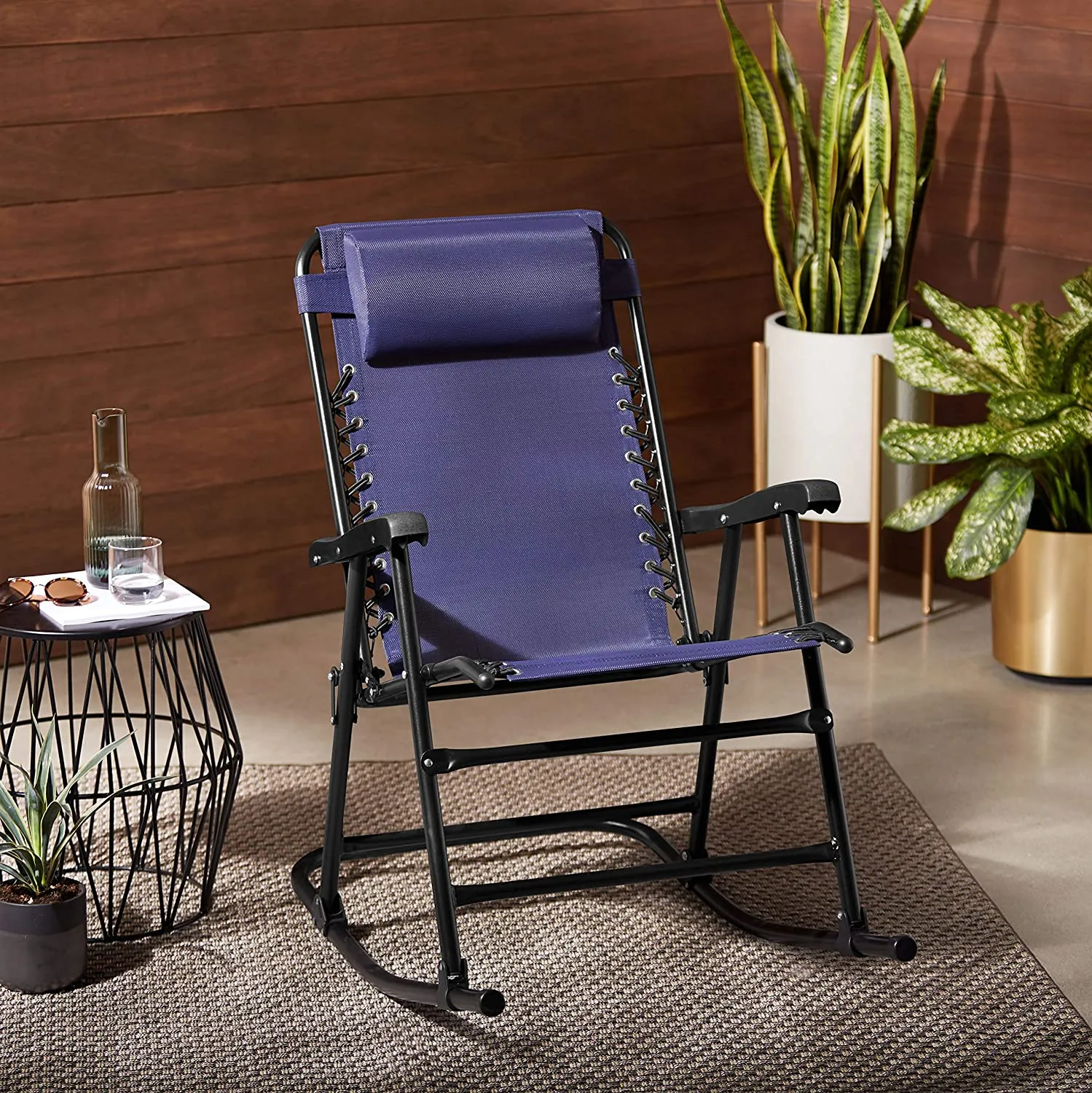 Black Metal Outdoor Rocking Chair with Headrest