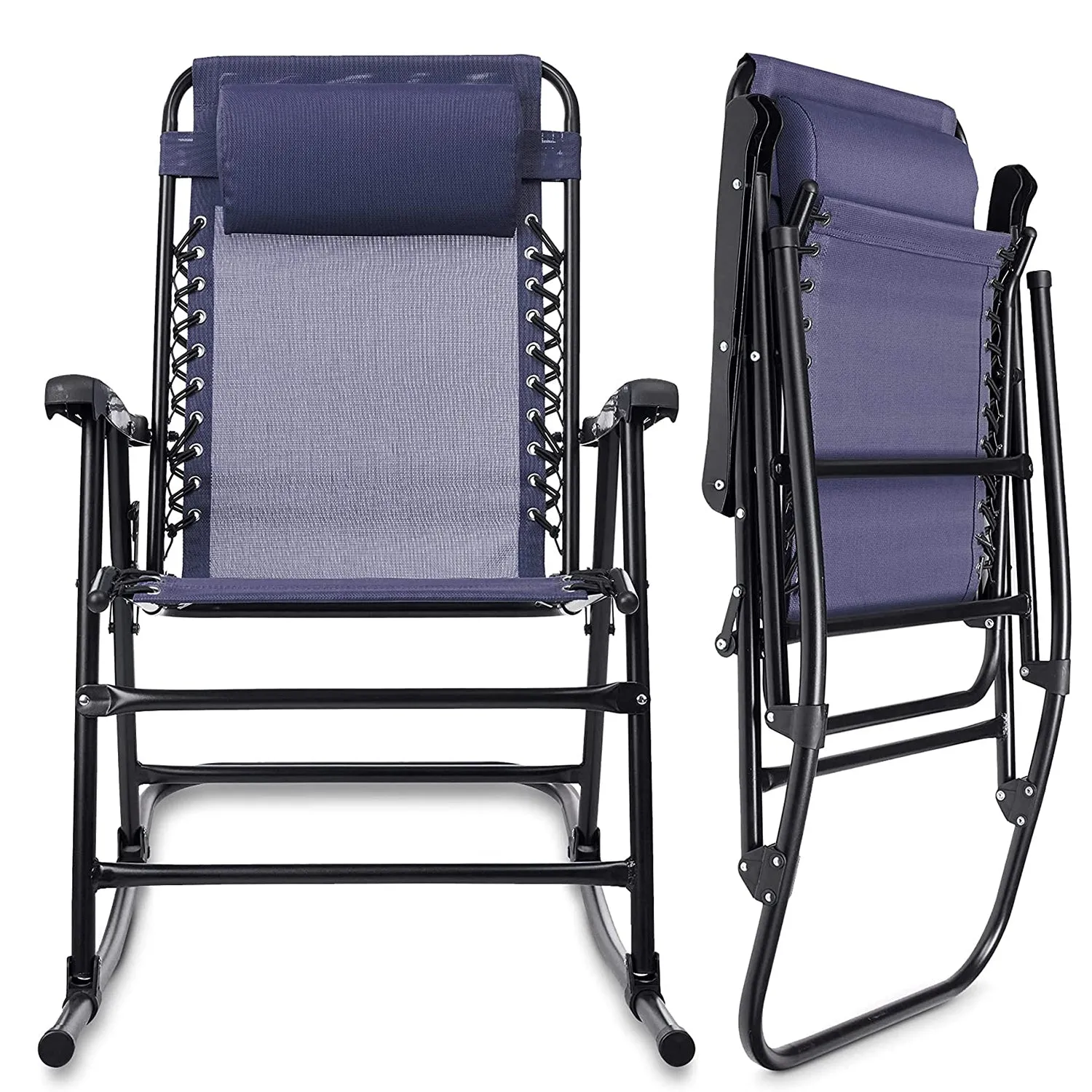 Black Metal Outdoor Rocking Chair with Headrest