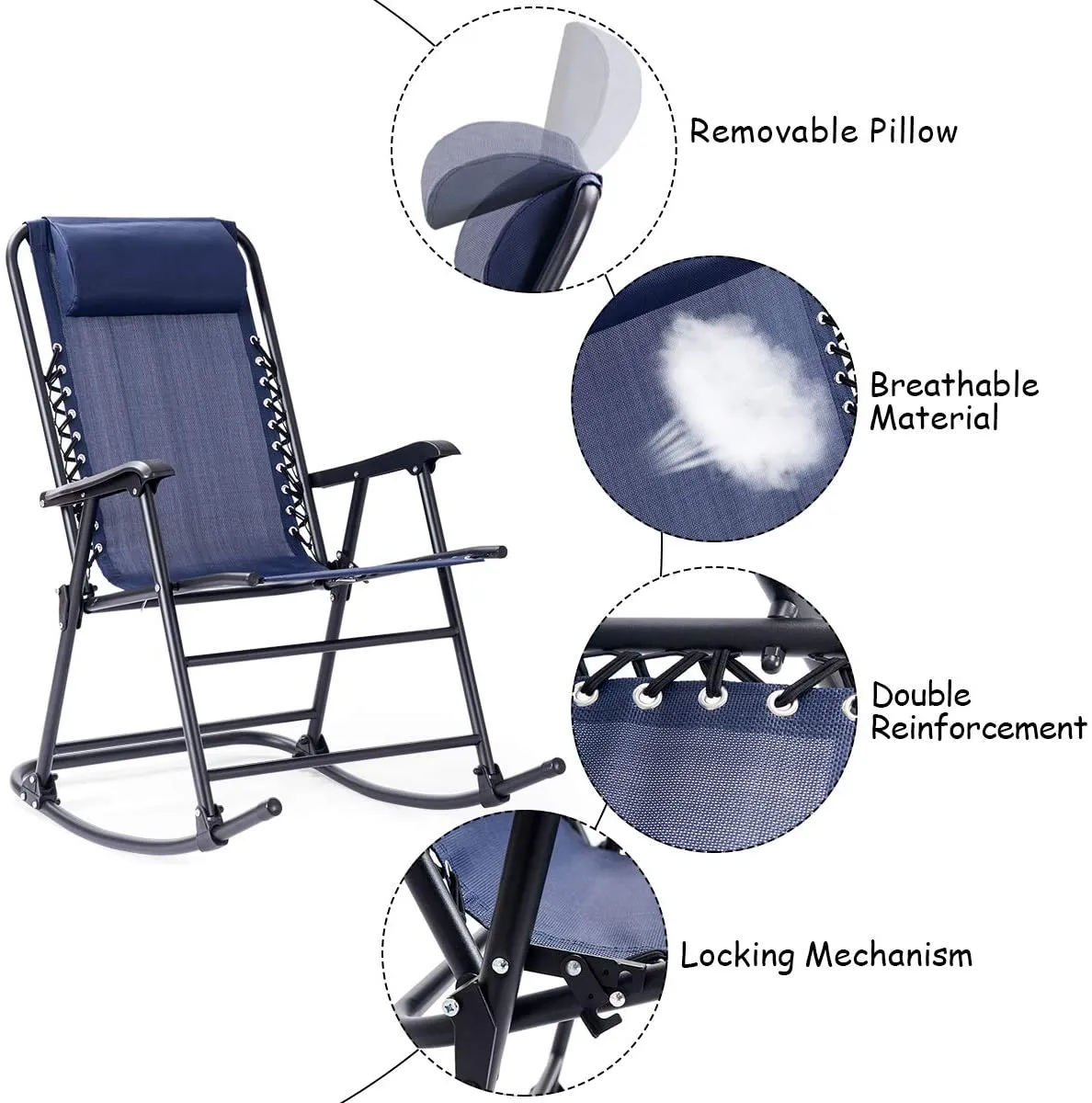 Black Metal Outdoor Rocking Chair with Headrest