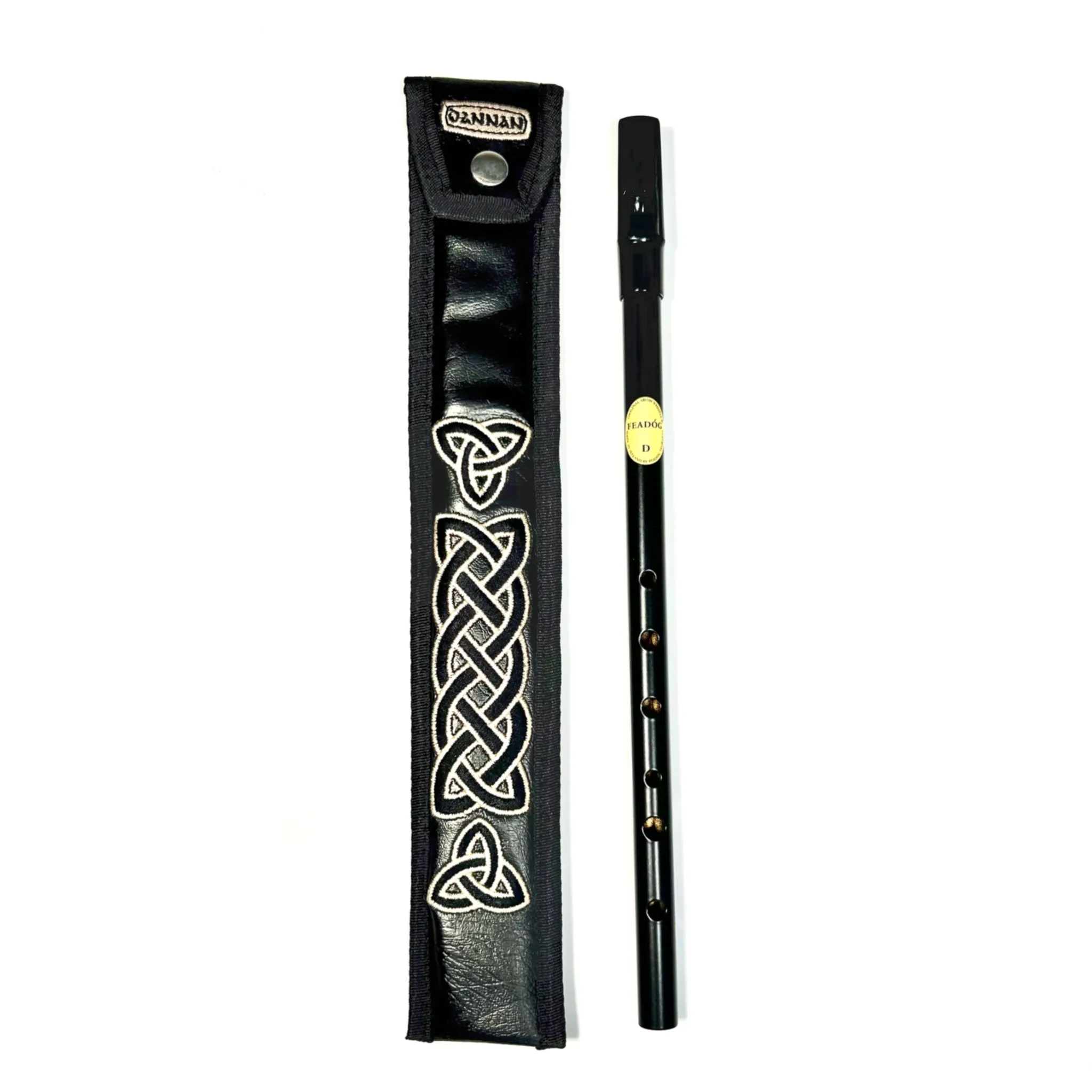 Black Tin Whistle in key of D by Feadog with Handmade Irish Whistle Case/Sleeve by Dannan in Black Vegan Leather with Celtic Embroidery (Copy)