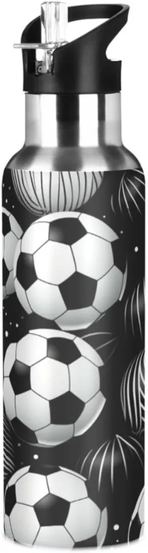 Black White Soccer Balls Sport Water Bottle Insulated Stainless Steel Large Vacuum Flask Leak Proof Thermos with Straw for Travel(600ml/1000ml)