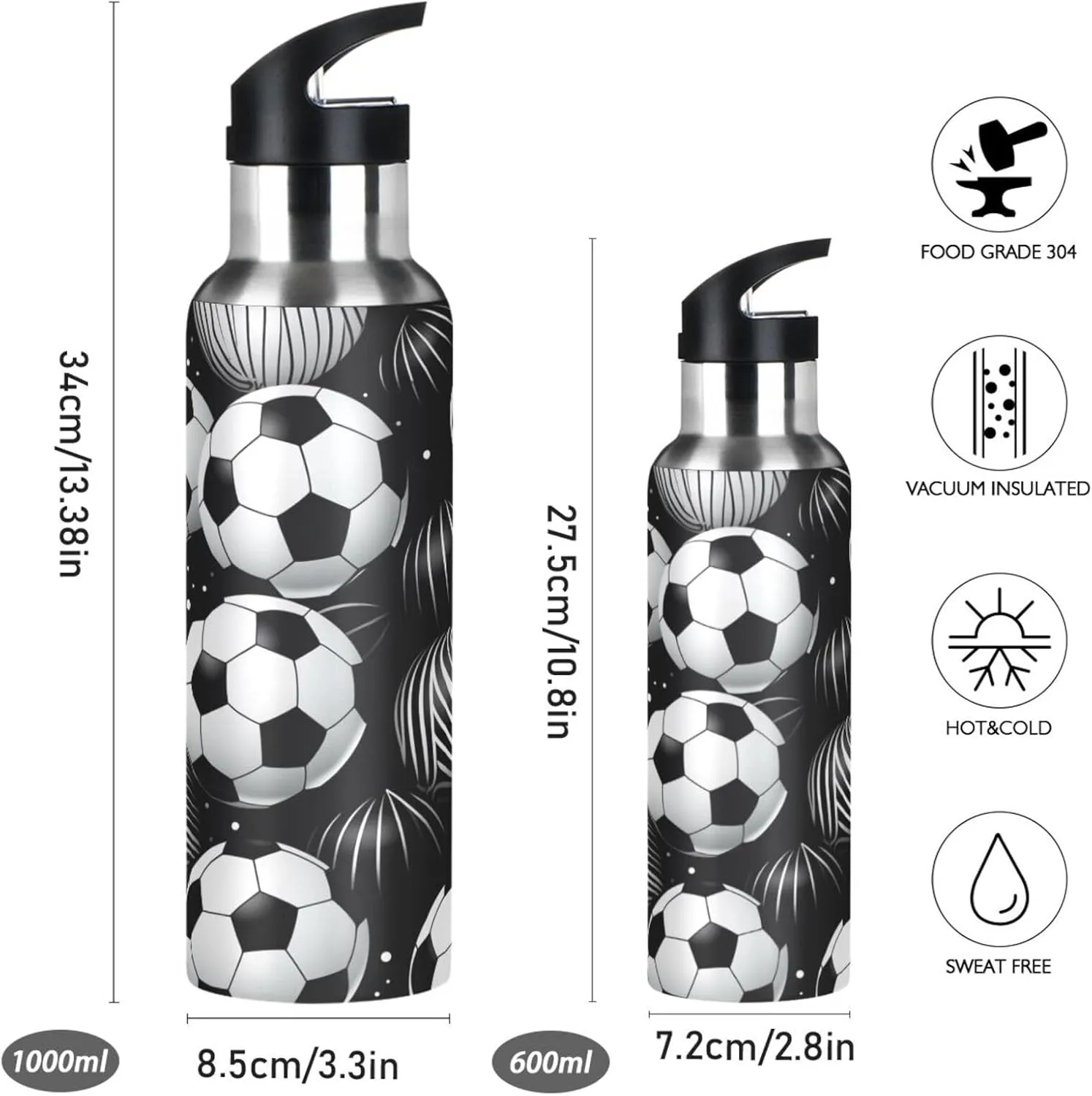 Black White Soccer Balls Sport Water Bottle Insulated Stainless Steel Large Vacuum Flask Leak Proof Thermos with Straw for Travel(600ml/1000ml)
