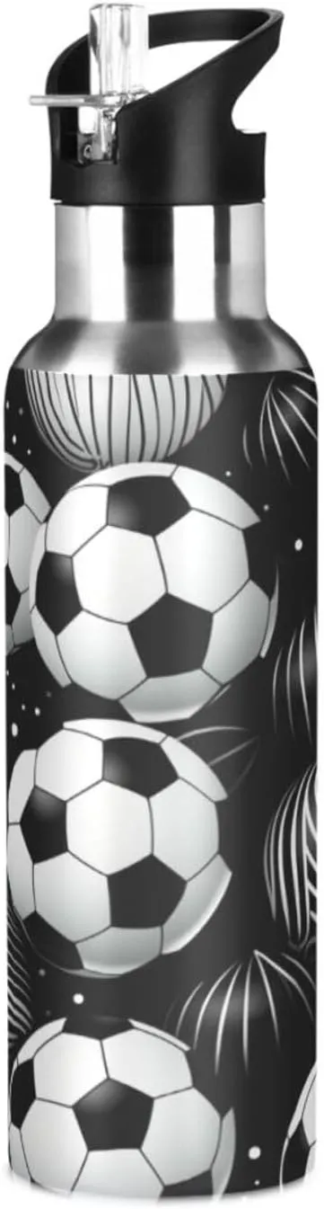 Black White Soccer Balls Sport Water Bottle Insulated Stainless Steel Large Vacuum Flask Leak Proof Thermos with Straw for Travel(600ml/1000ml)